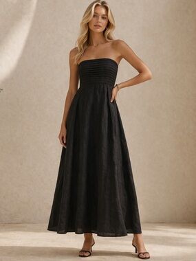 Lusana Black Talia Linen Pintuck Maxi Dress Size 2 - 38549